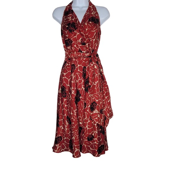 Ann Taylor Dresses & Skirts - Ann Taylor Silk Halter Dress Size 4 Red Navy Blue Floral V-Neck Belt Flowy Lined